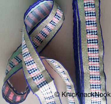 Velvet Fabric Trim, Pink And Silver Trim With FlatBack Beads Lattice, Approx. 50mm wide
